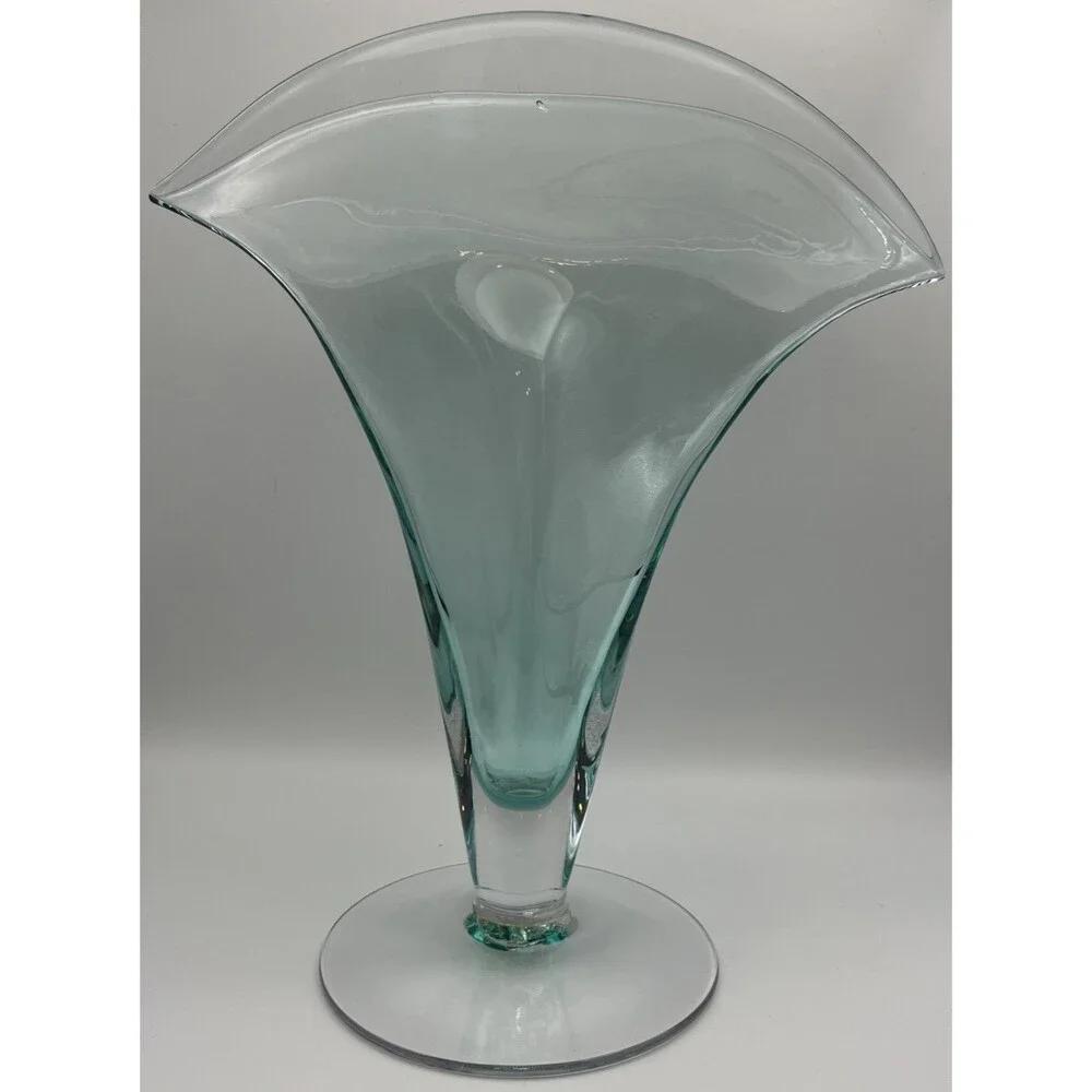 Blenko Glass Fan Vase Green with Clear Base Vintage 11.5 x 10 very unique
